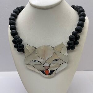 Lee Sands Handcrafted Mother-of-Pearl Cat Pendant Necklace - Black Beaded